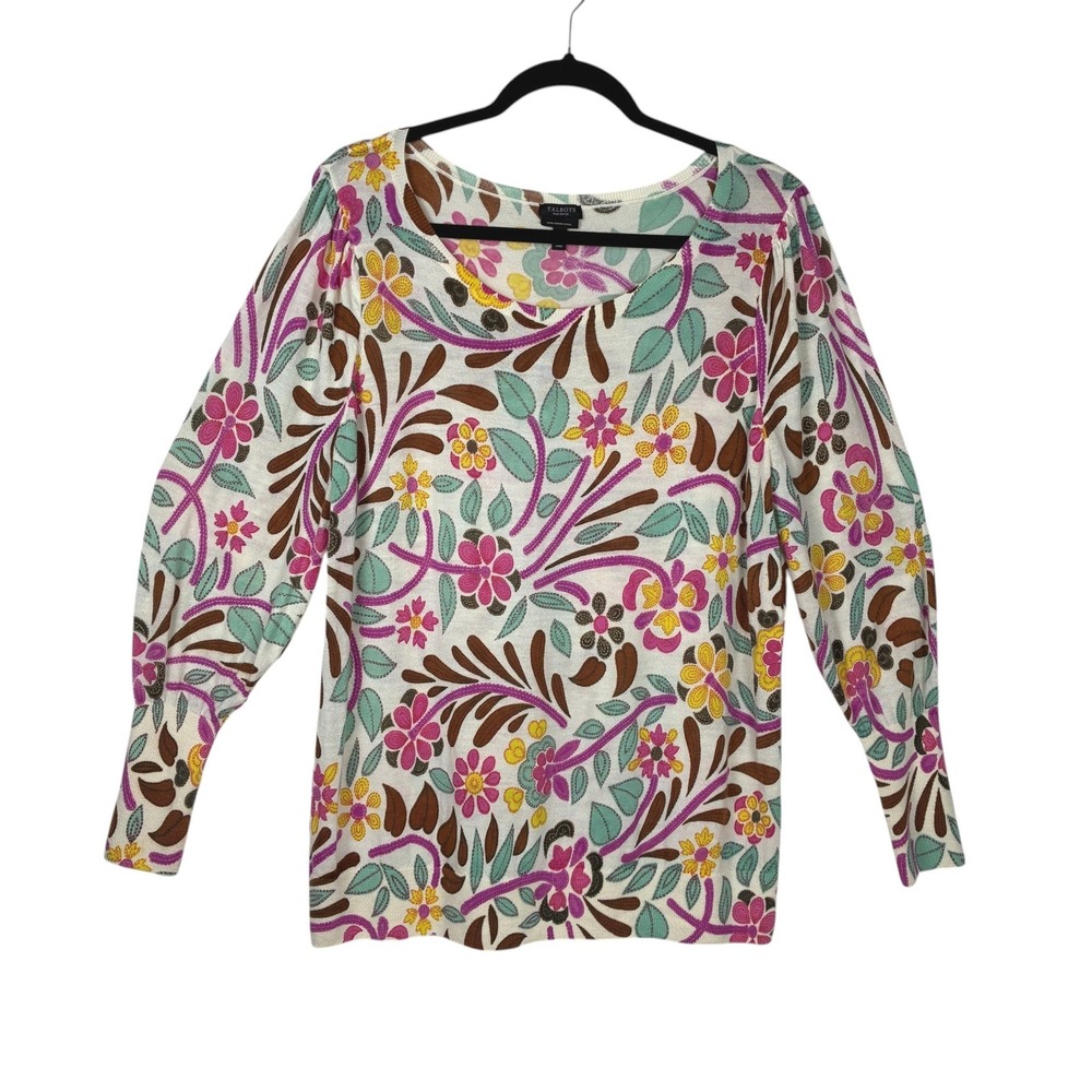 Talbots‎ Womens Puff Sleeve Merino Wool Pullover Floral Stitch Print Size 2XP